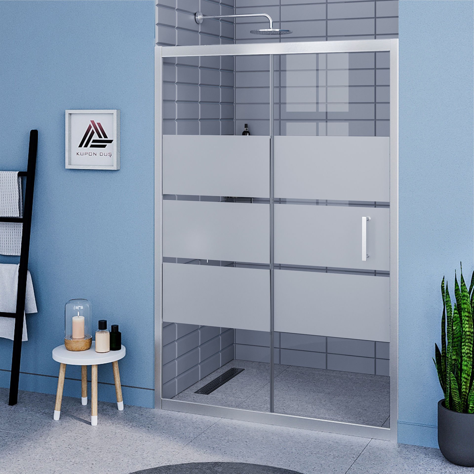 Vesta D200  İki Duvar Arası  1 Sabit 1 Sürgü Duşakabin Parlak Profil Kumlu Cam H: 190 cm