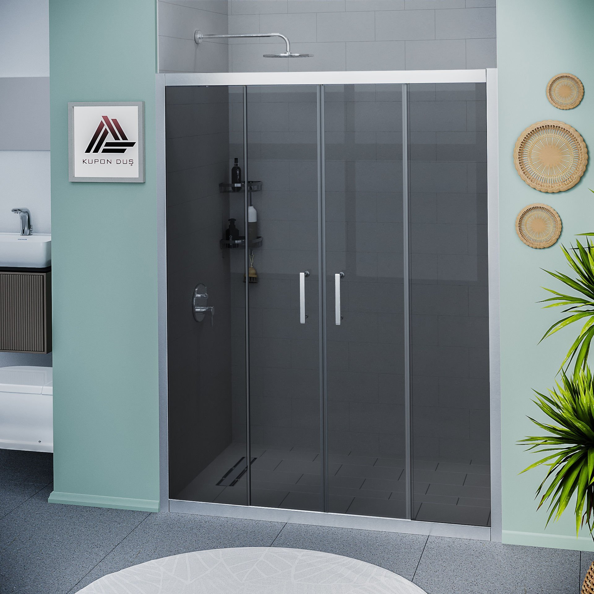 Vesta D400 İki Duvar Arası 2 Sabit 2 Sürgü Duşakabin Parlak Profil Füme Cam H: 190 cm