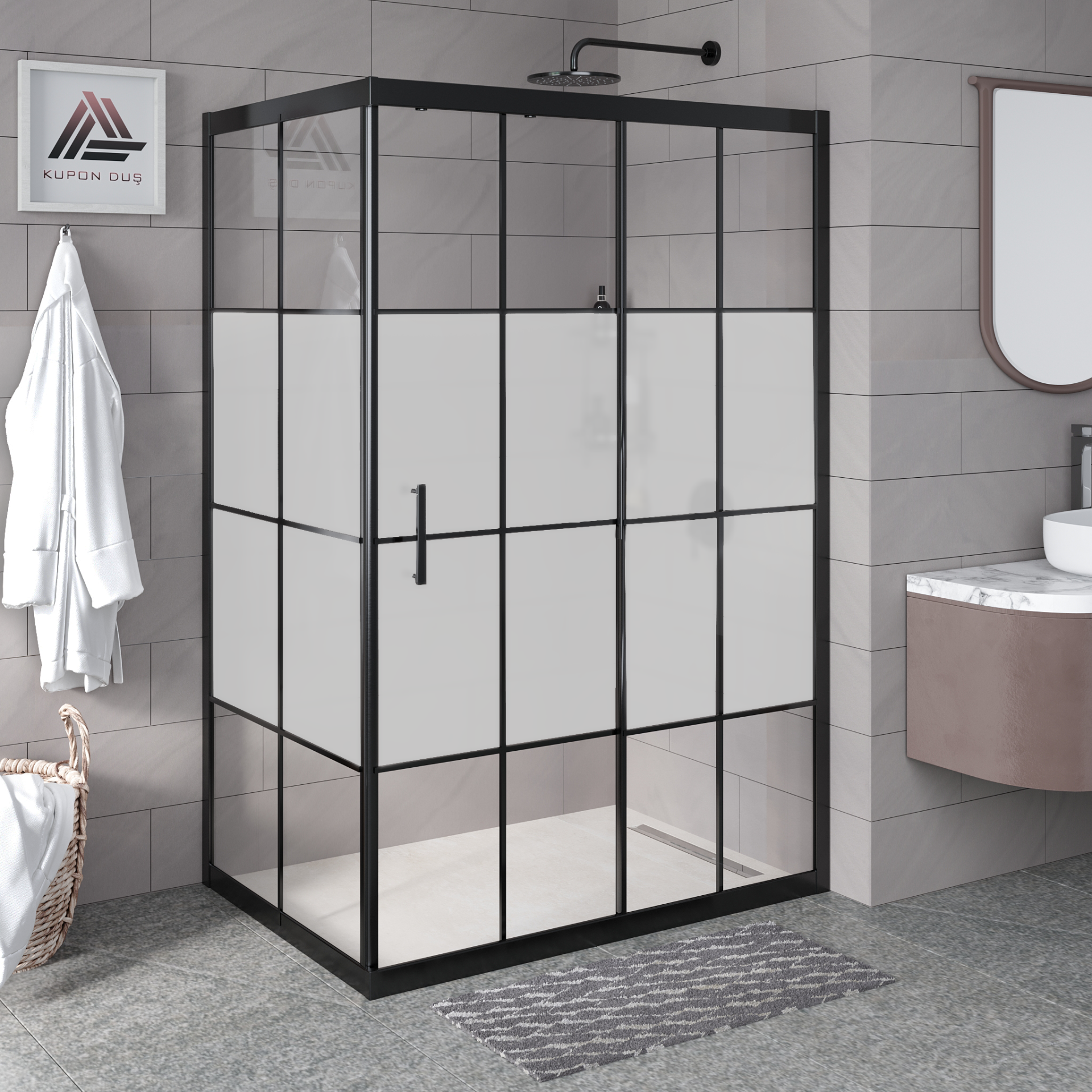 Vesta D201 Dikdörtgen Duşakabin Siyah Profil Kumlu Karolaj Cam H: 190 cm