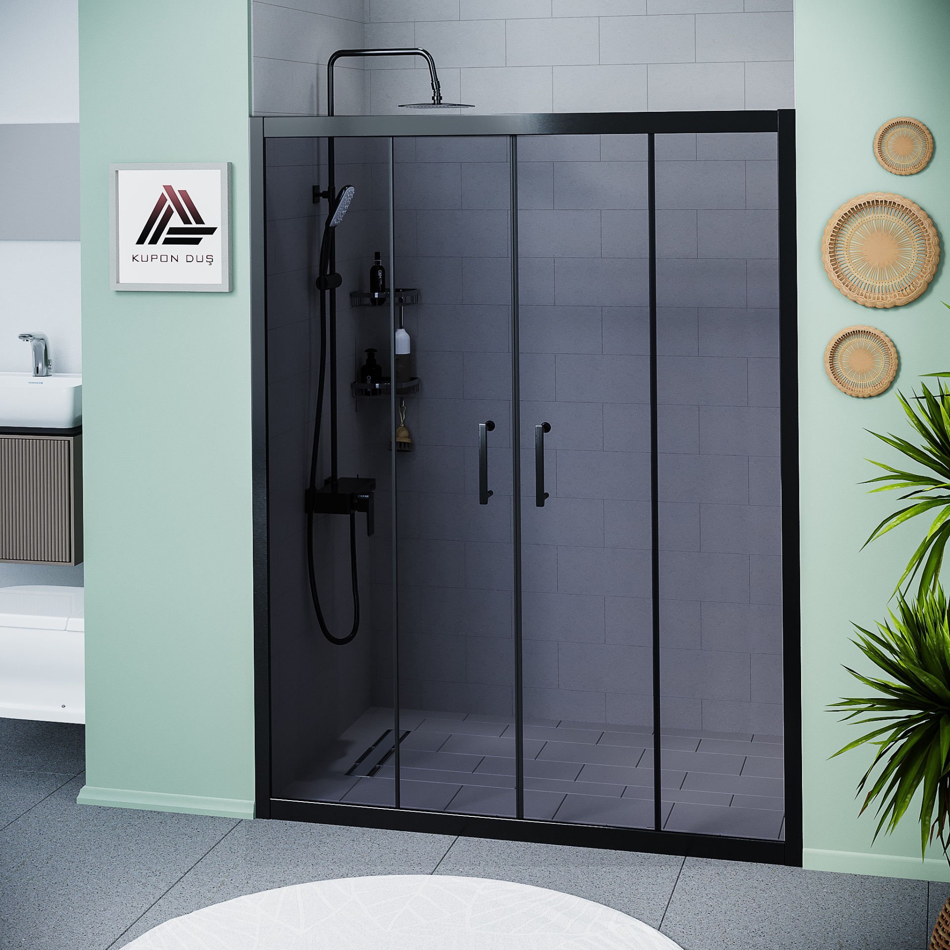 Vesta D400 İki Duvar Arası 2 Sabit 2 Sürgü Duşakabin Siyah Profil Füme Cam H: 190 cm