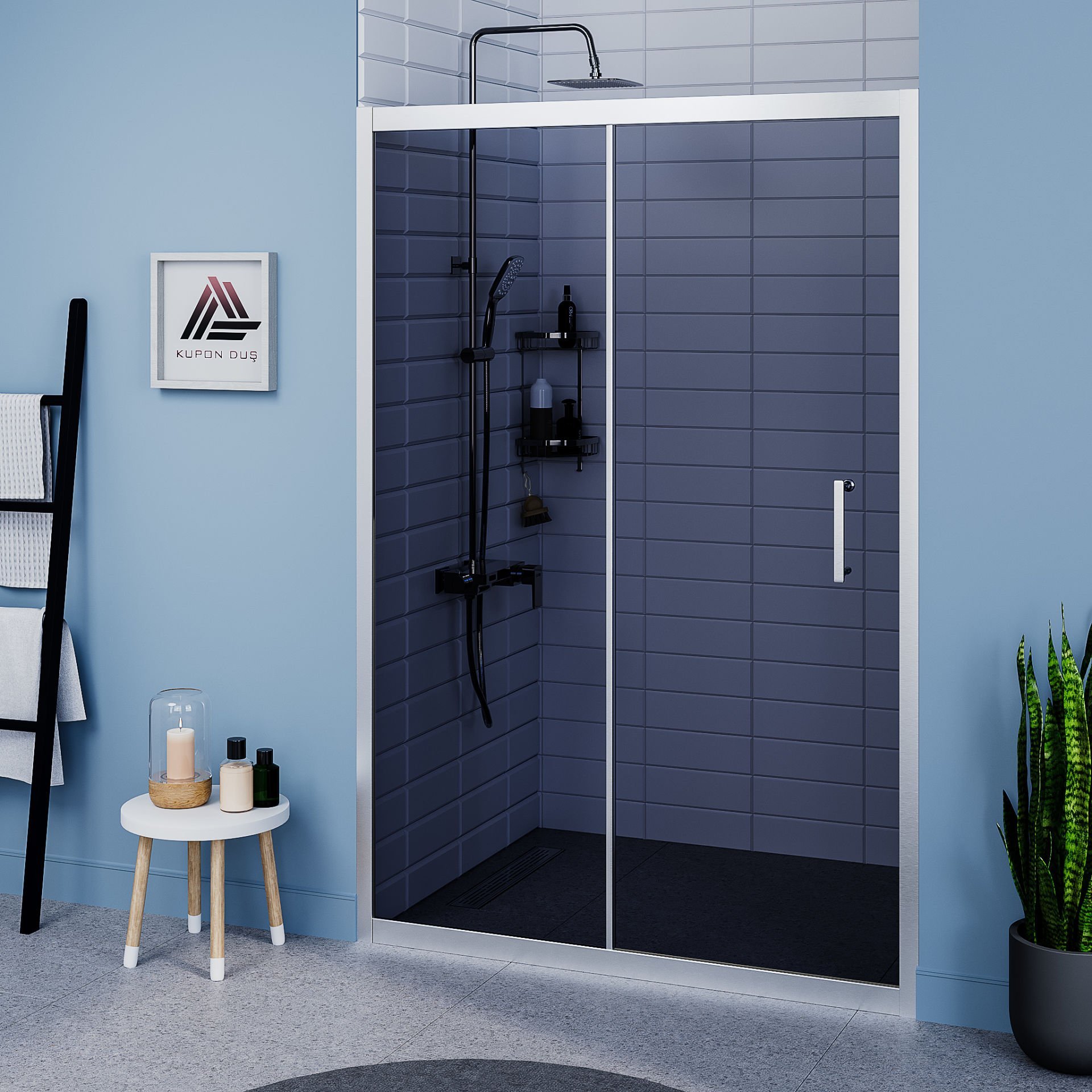 Vesta D200 İki Duvar Arası 1 Sabit 1 Sürgü Duşakabin Parlak Profil Füme Cam H: 190 cm