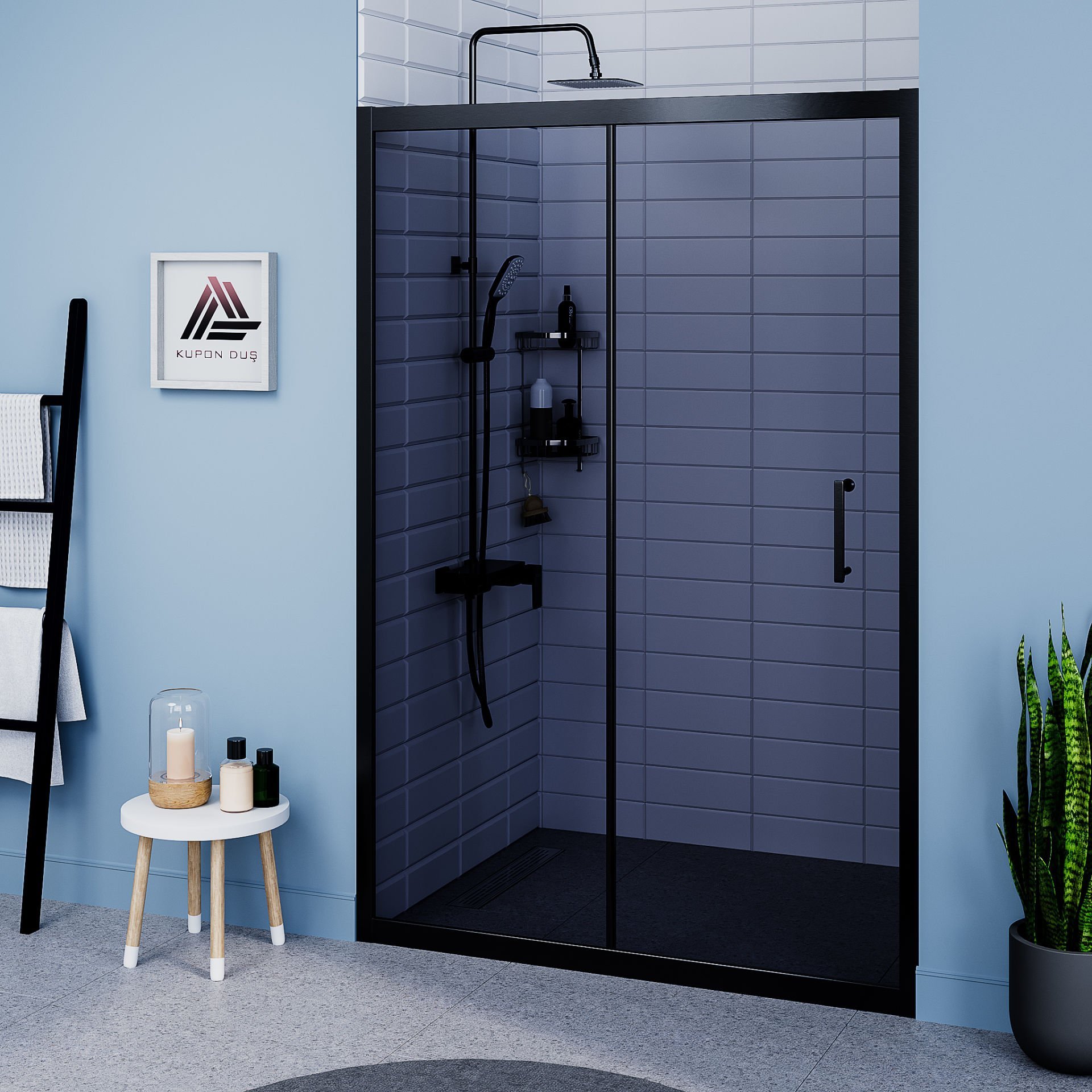 Vesta D200 İki Duvar Arası 1 Sabit 1 Sürgü Duşakabin Siyah Profil Füme Cam H: 190 cm