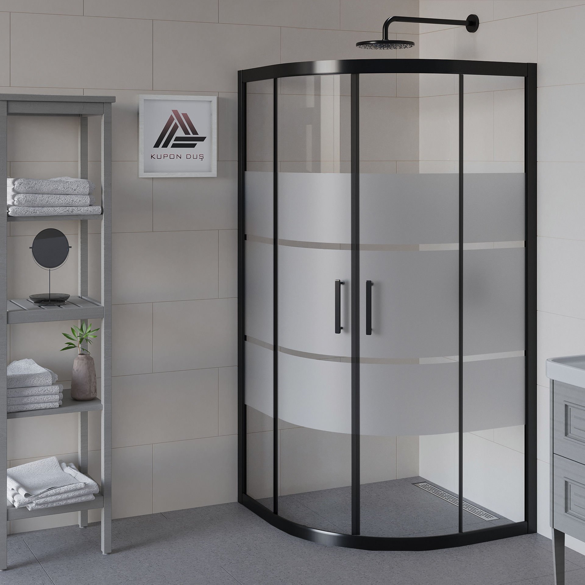 Vesta D300 Oval Duşakabin Siyah Profil Kumlu Cam H: 190 cm