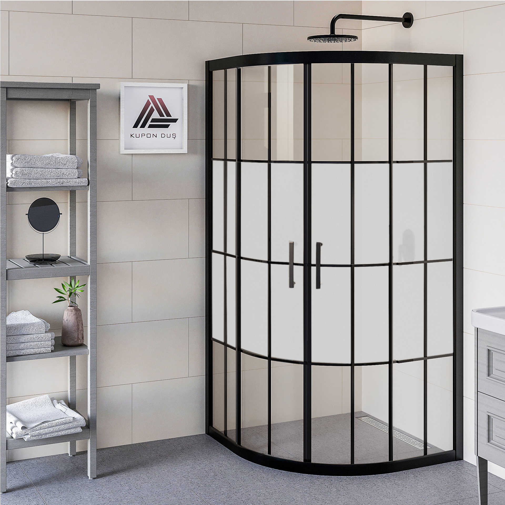 Vesta D300 Oval Duşakabin Siyah Profil Kumlu Karolajlı Cam H: 190 cm
