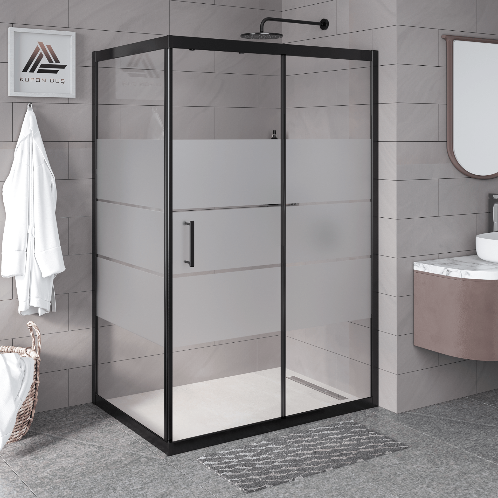 Vesta D201 Dikdörtgen Duşakabin Siyah Profil Kumlu Cam H: 190 cm