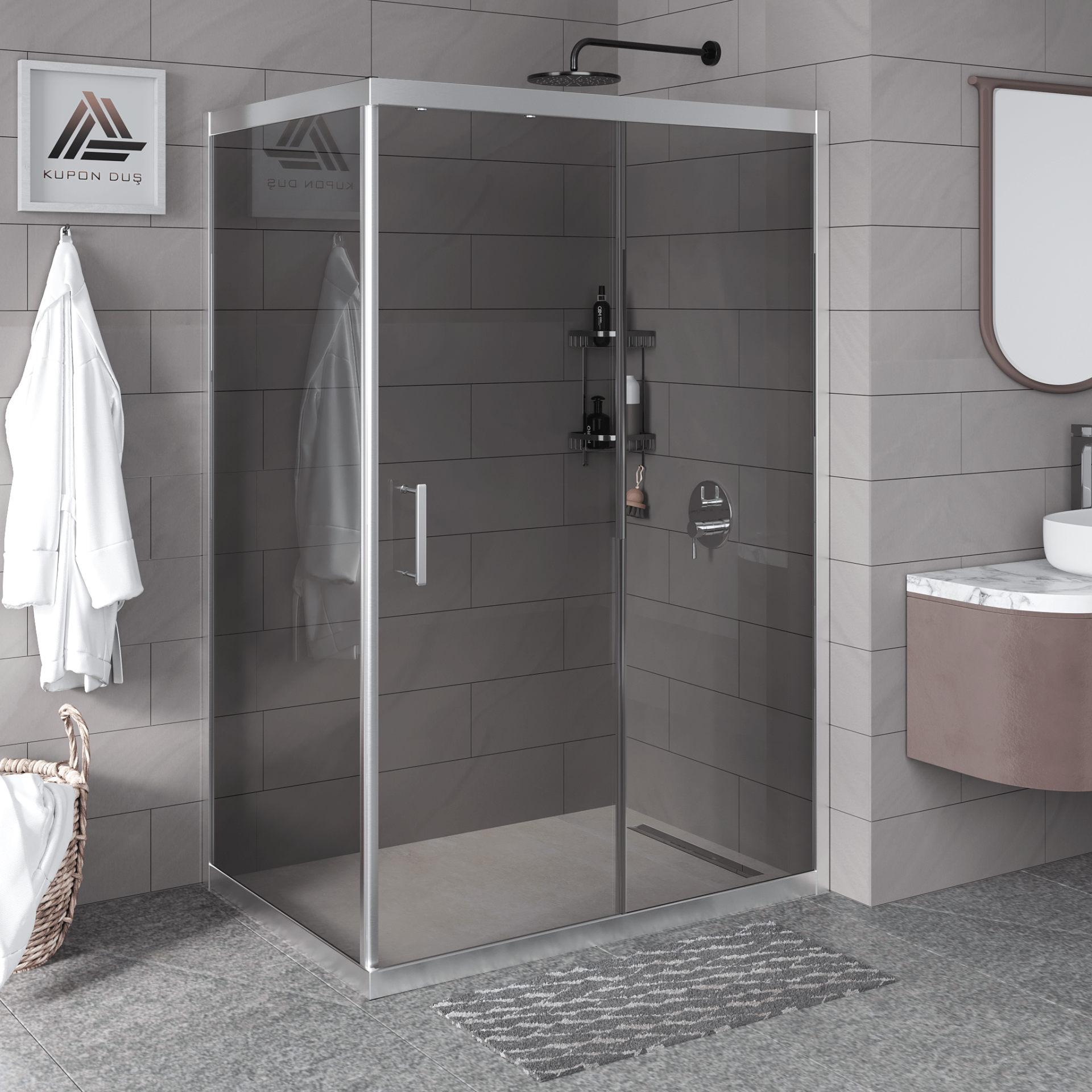 Vesta D201 Dikdörtgen Duşakabin Parlak Profil Füme Cam H: 190 cm