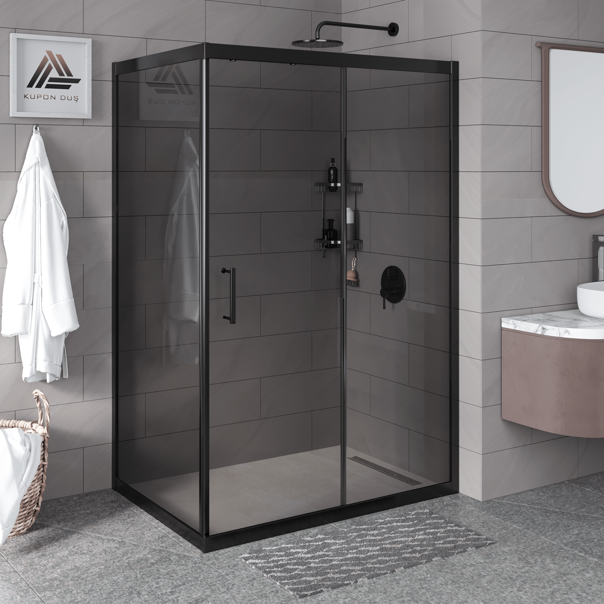 Vesta D201 Dikdörtgen Duşakabin Siyah Profil Füme Cam H: 190 cm
