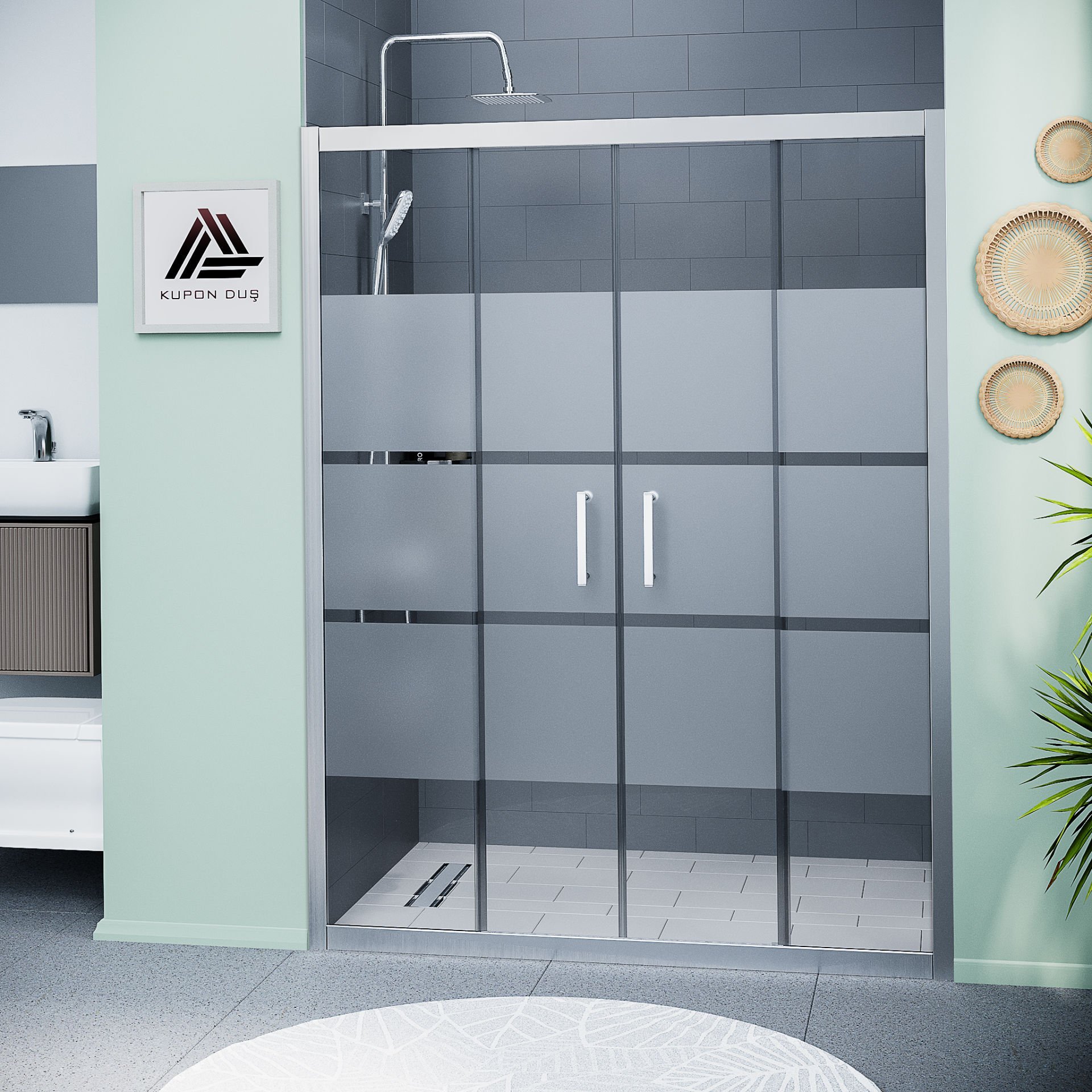 Vesta D400 İki Duvar Arası 2 Sabit 2 Sürgü Duşakabin Parlak Profil Kumlu Cam H: 190 cm