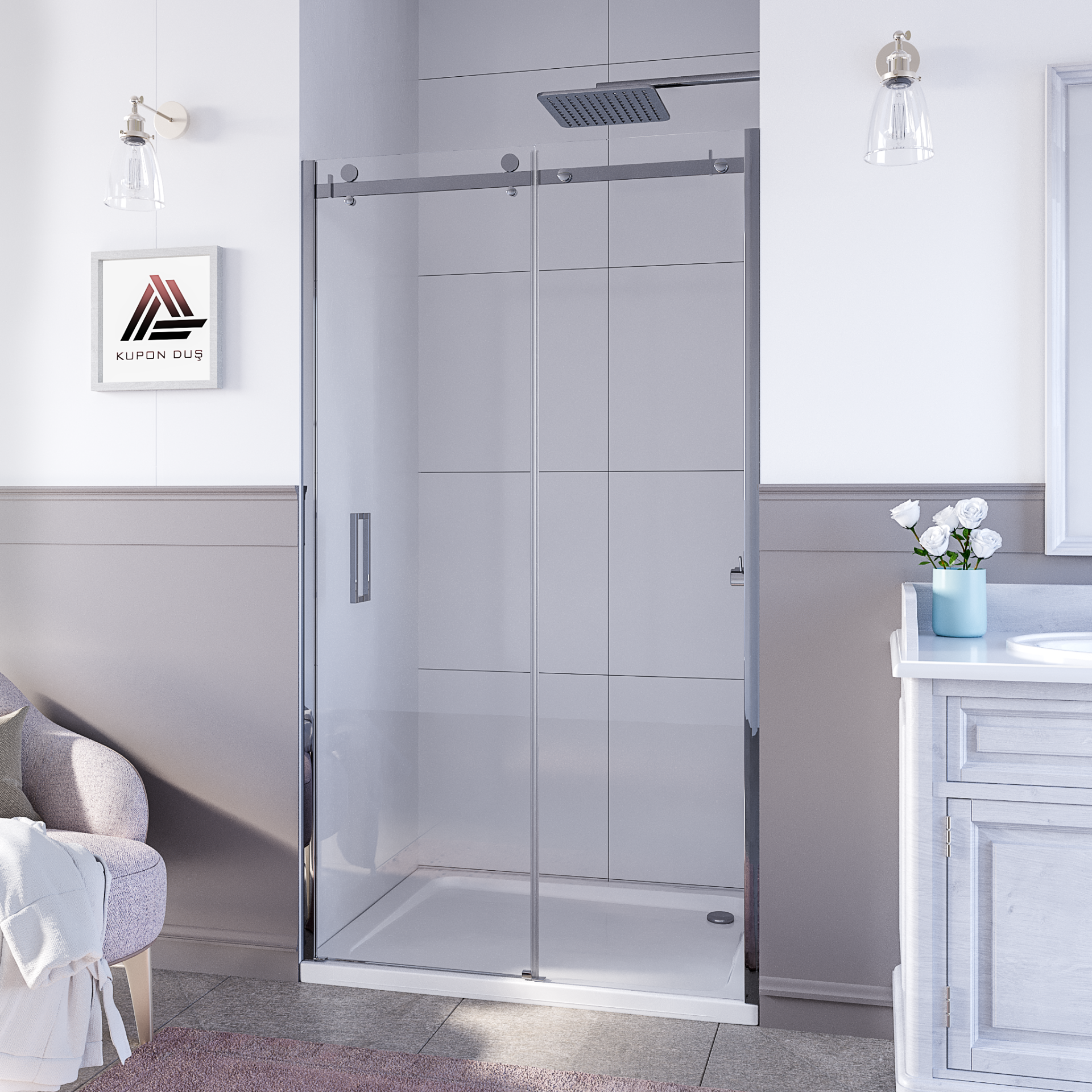 Sirius D200 1  Sabit Cam 1 Kayar Kapı Parlak Aksam Şeffaf Cam Askılı Sistem Duşakabin H: 200cm