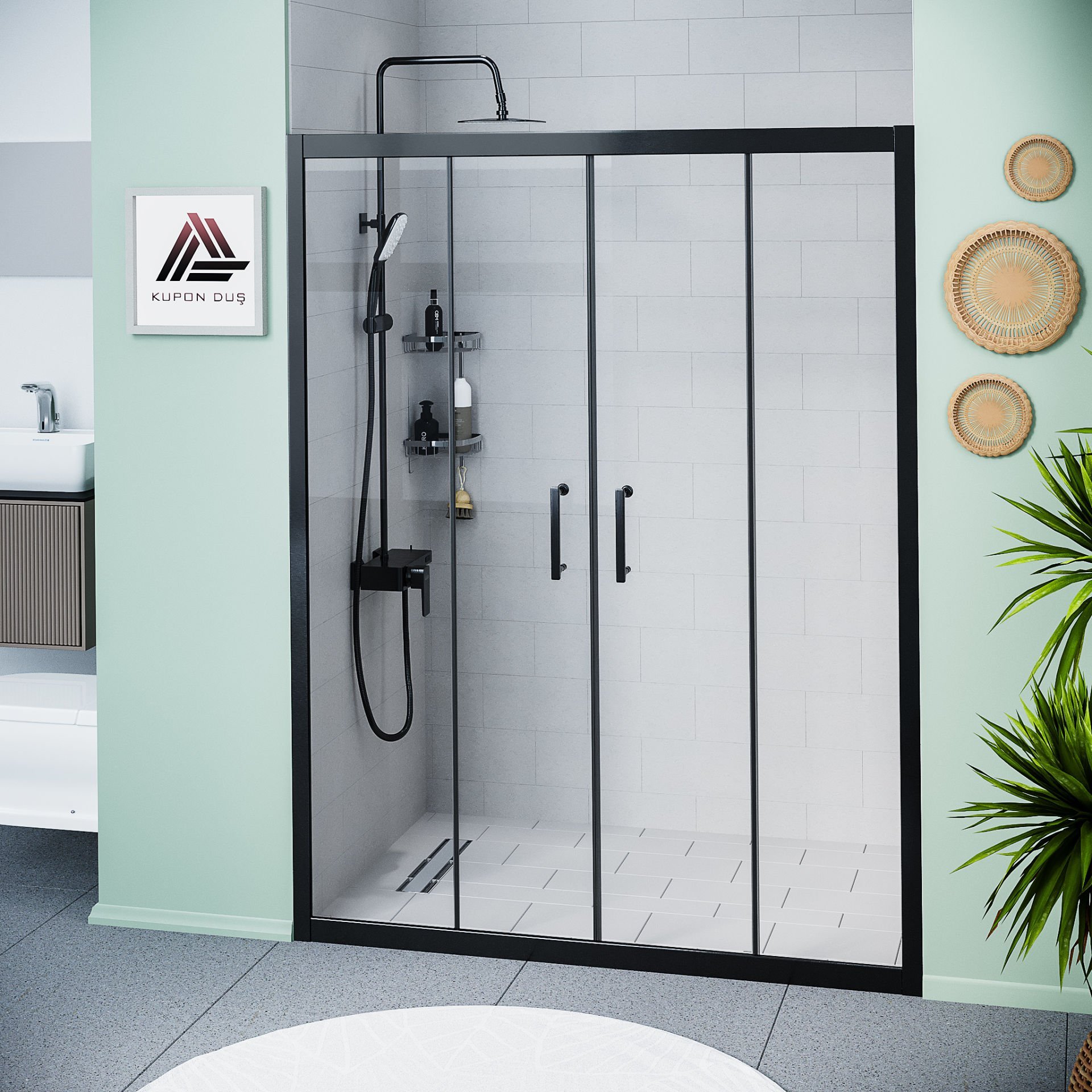 Vesta D400 İki Duvar Arası 2 Sabit 2 Sürgü Duşakabin Siyah Profil Şeffaf Cam H: 190 cm