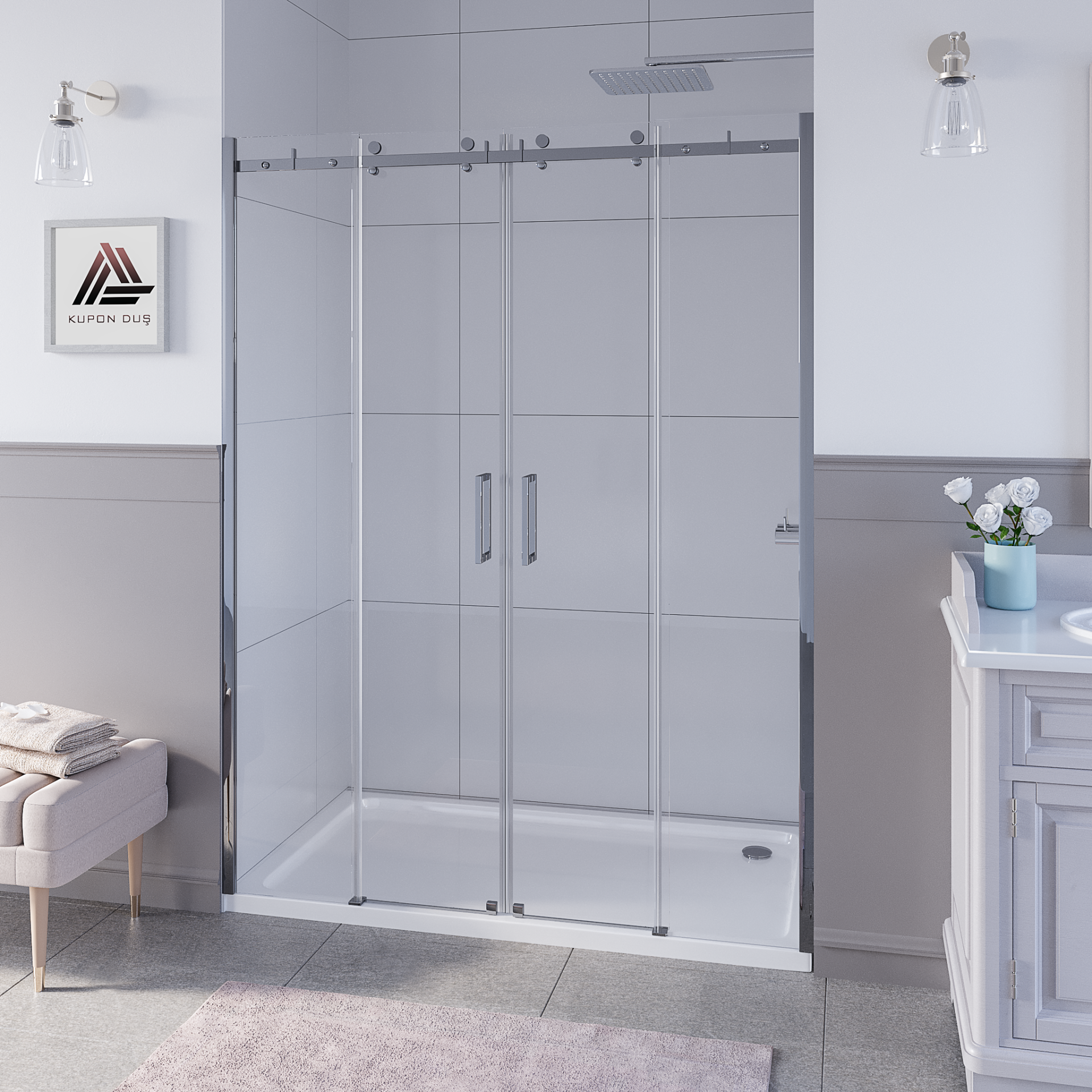 Sirius D400 2 Sabit Cam 2 Kayar Kapı  Parlak Aksam Şeffaf Cam Askılı Sistem Duşakabin H: 200cm