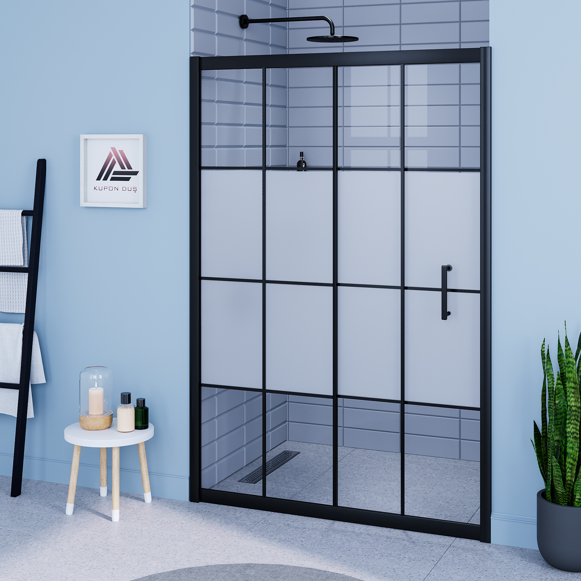 Vesta D200 Duşakabin Siyah Profil Kumlu Karolajlı Cam H: 190 cm