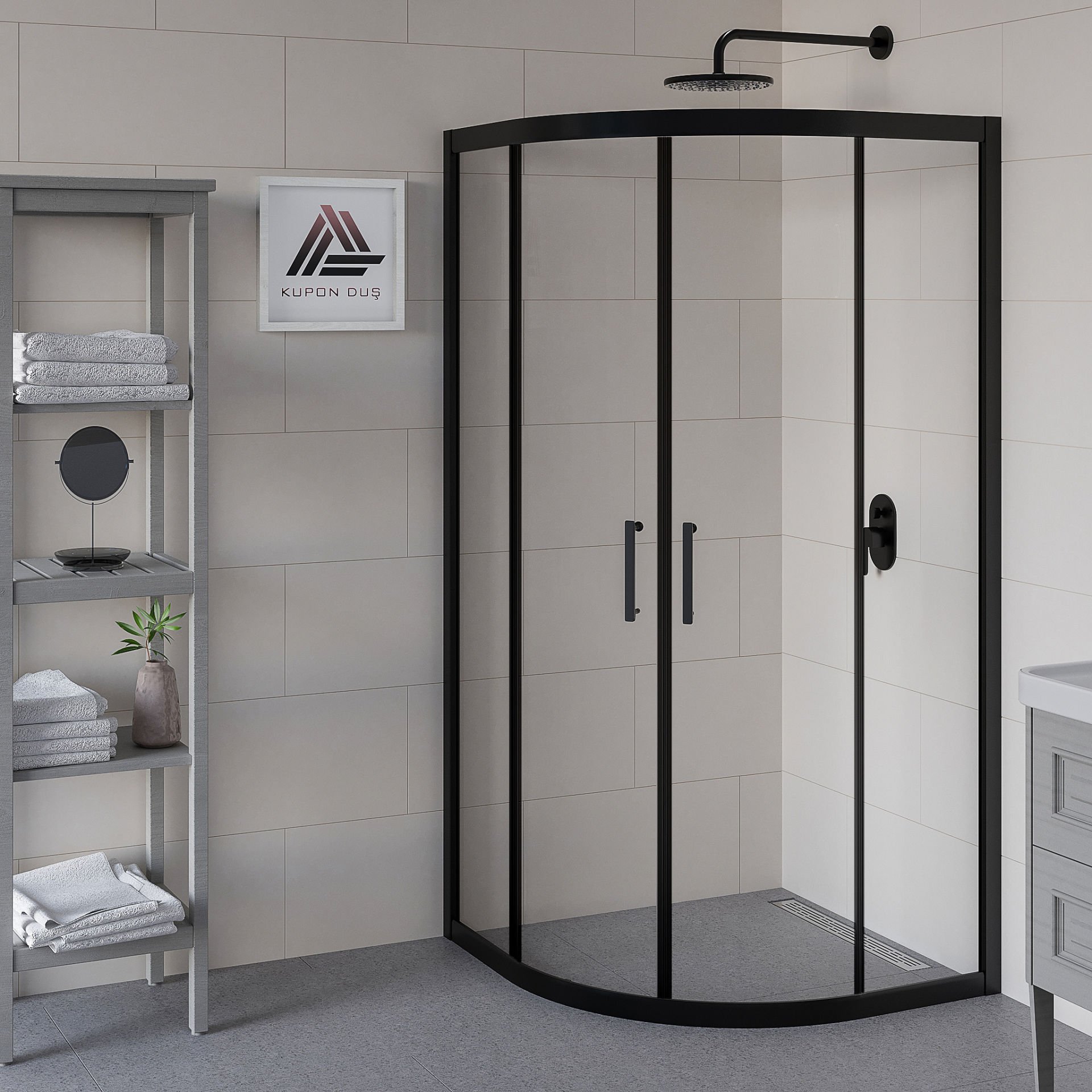 Vesta D300 Oval Duşakabin Siyah Profil Şeffaf Cam H: 190 cm