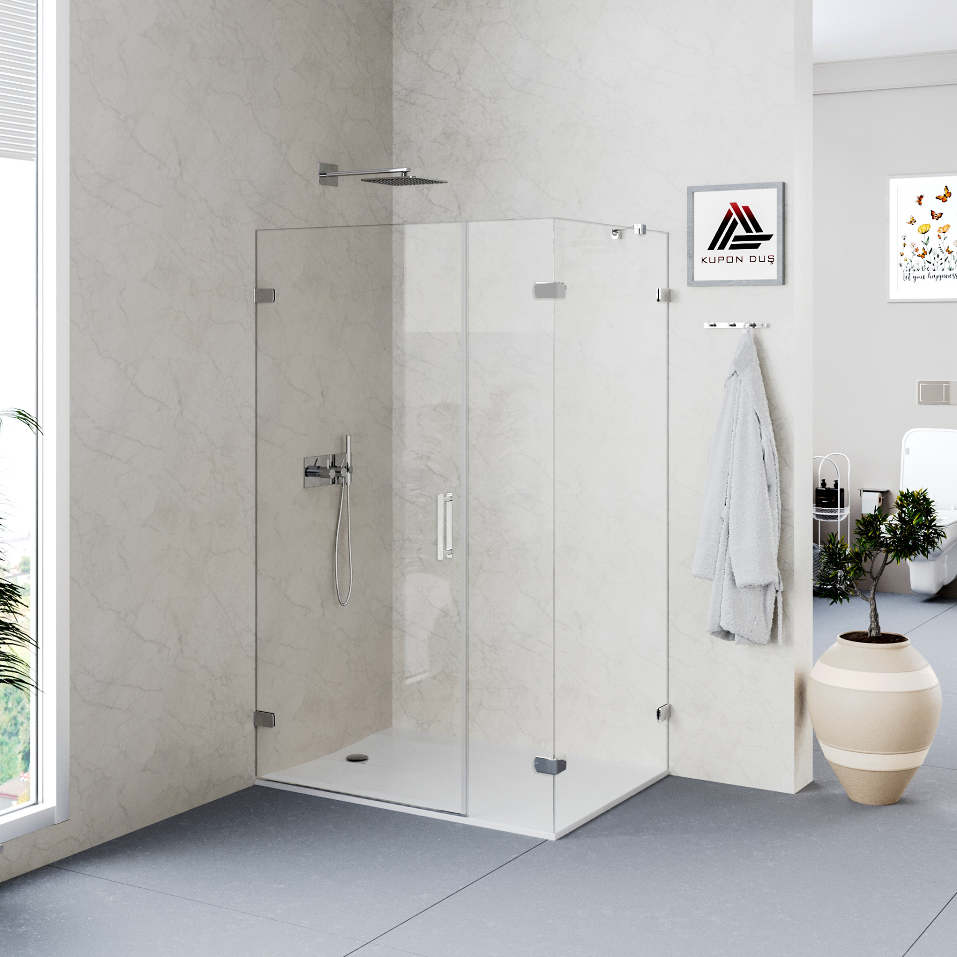 Helios D103 Dikdörtgen Pirinç/Krom Menteşeli Sistem Duşakabin Şeffaf Cam H: 190 cm