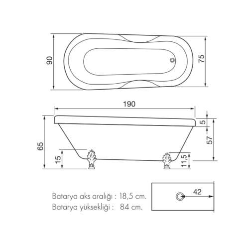 Döküm Ayaklı Kovboy Küvet H65 Cm