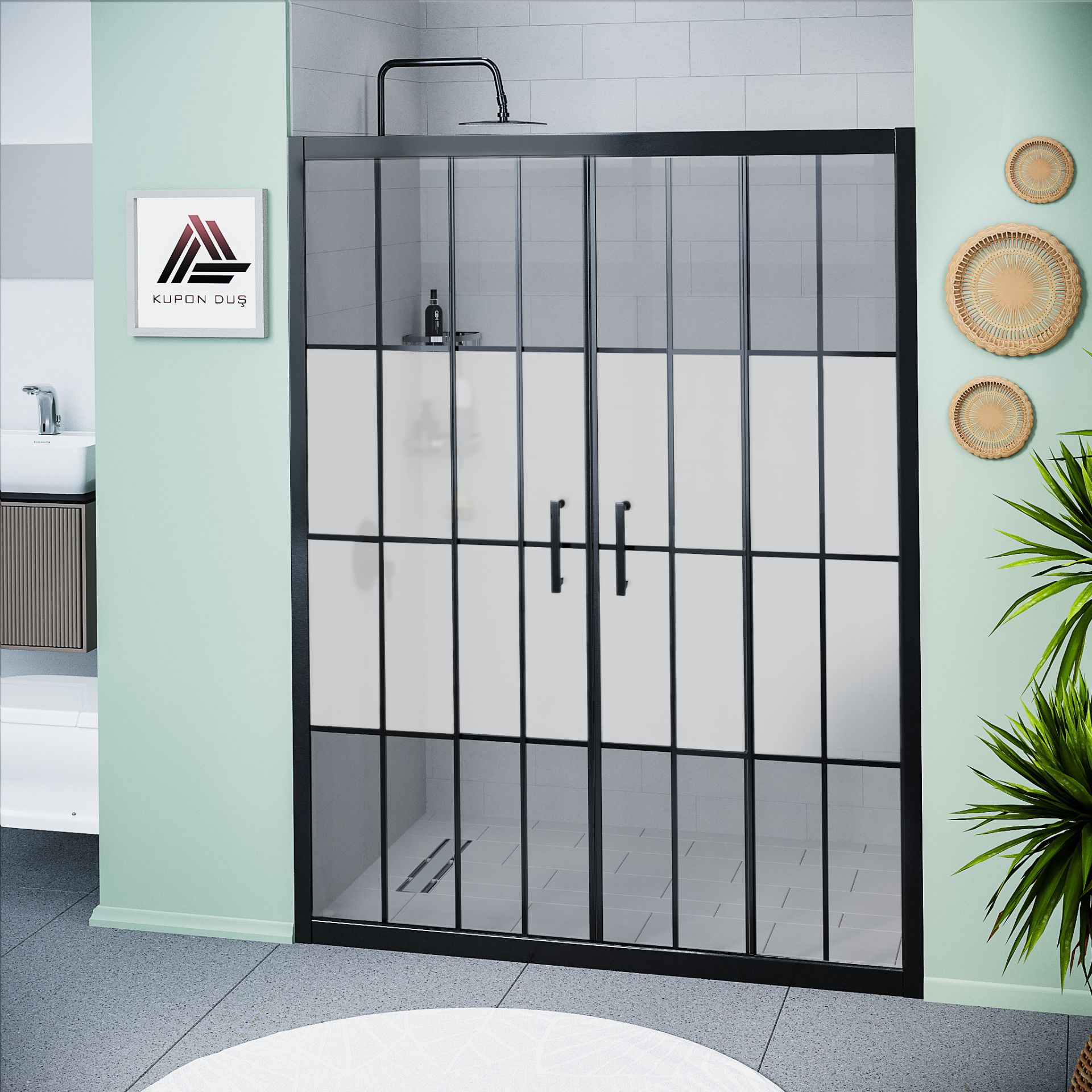 Vesta D400 İki Duvar Arası 2 Sabit 2 Sürgü Duşakabin Siyah Profil Kumlu Karolajlı Cam H: 190 cm