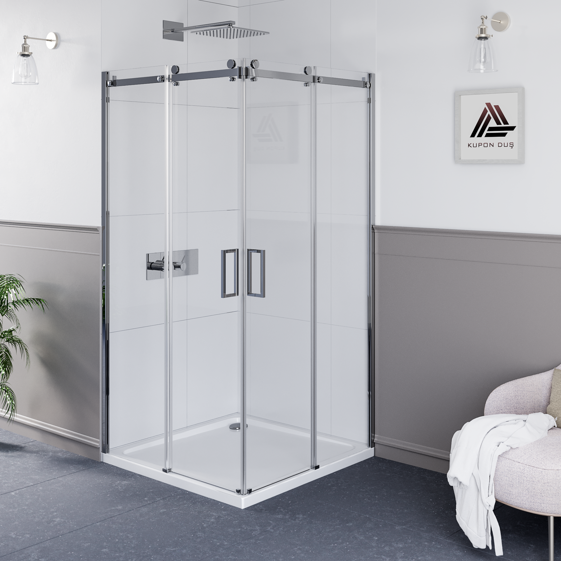 Sirius D100 Kare Köşe Girişli Parlak Aksam Şeffaf Cam Askılı Sistem Duşakabin H: 200 cm