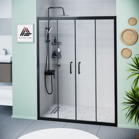 Vesta D400 İki Duvar Arası 2 Sabit 2 Sürgü Duşakabin Siyah Profil Şeffaf Cam H: 190 cm